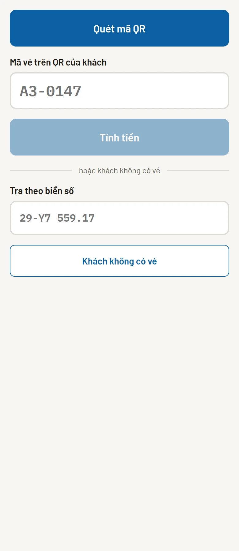 Tab Trả xe — quét mã, hoặc tra biển số ở ô dưới